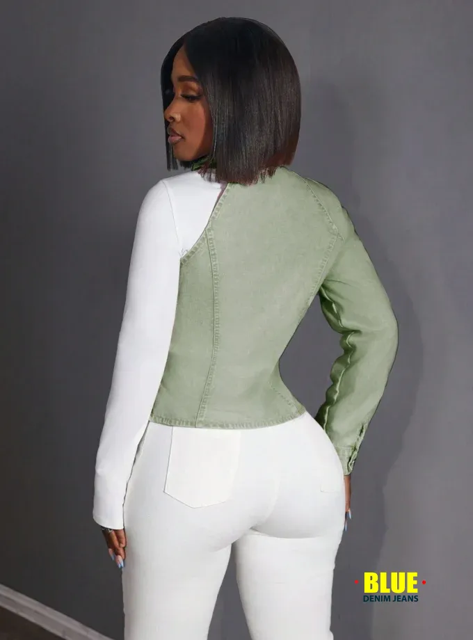 SHEIN Slayr Women's Stand Collar Long Sleeve Slim Fit Denim Blouse, Casual Weekend Wear