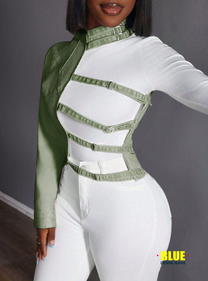 SHEIN Slayr Women's Stand Collar Long Sleeve Slim Fit Denim Blouse, Casual Weekend Wear