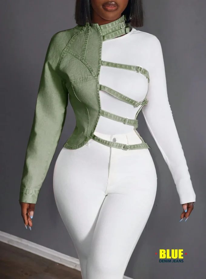 SHEIN Slayr Women's Stand Collar Long Sleeve Slim Fit Denim Blouse, Casual Weekend Wear