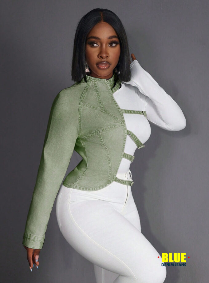 SHEIN Slayr Women's Stand Collar Long Sleeve Slim Fit Denim Blouse, Casual Weekend Wear