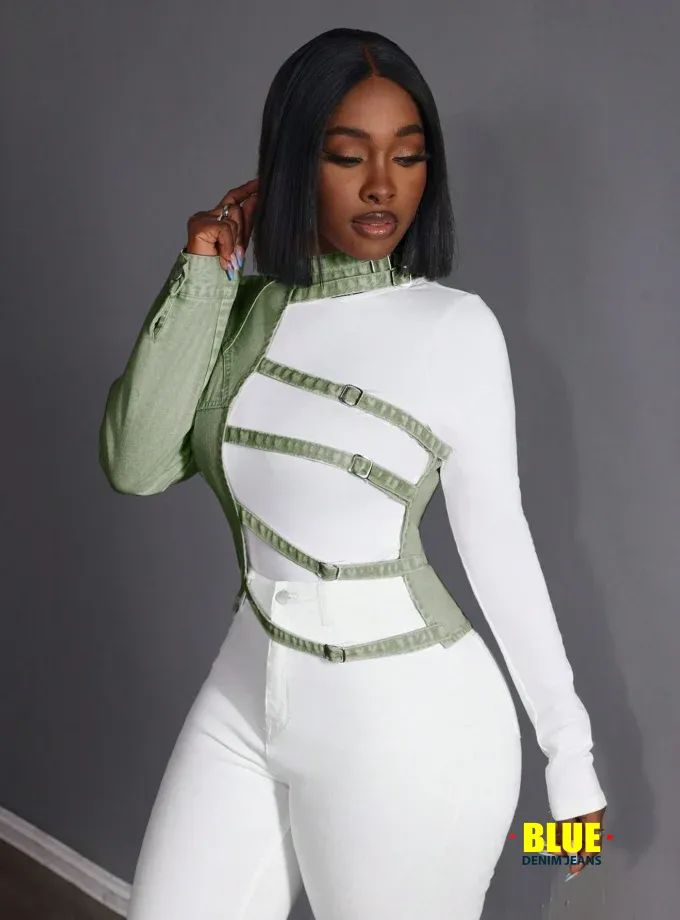 SHEIN Slayr Women's Stand Collar Long Sleeve Slim Fit Denim Blouse, Casual Weekend Wear