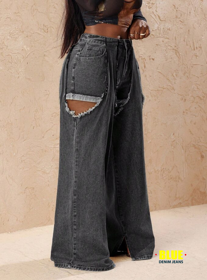 Slaydiva Women Fashion Patchwork Fringe Cutout Wide Leg Loose Casual Jeans Pants