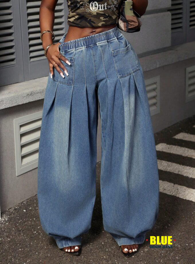 LocalSlaydiva Women's Casual Washed Pleated Wide-Leg Jeans