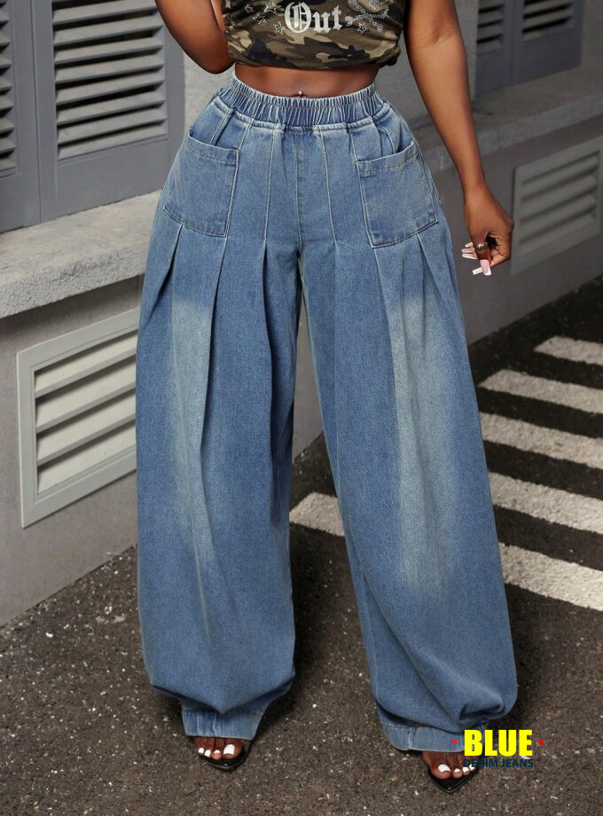LocalSlaydiva Women's Casual Washed Pleated Wide-Leg Jeans