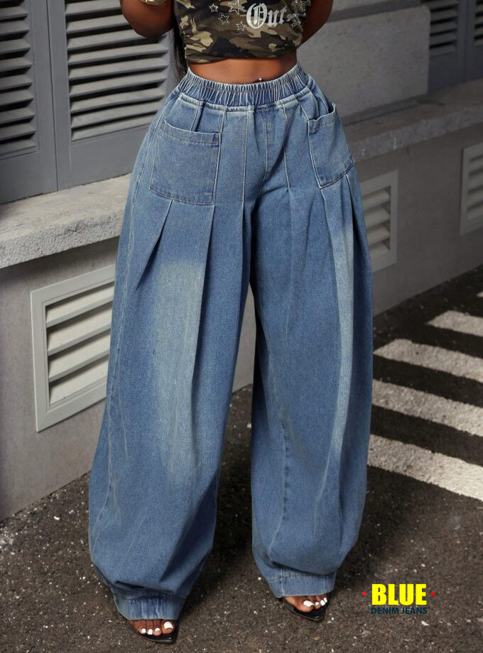 LocalSlaydiva Women's Casual Washed Pleated Wide-Leg Jeans