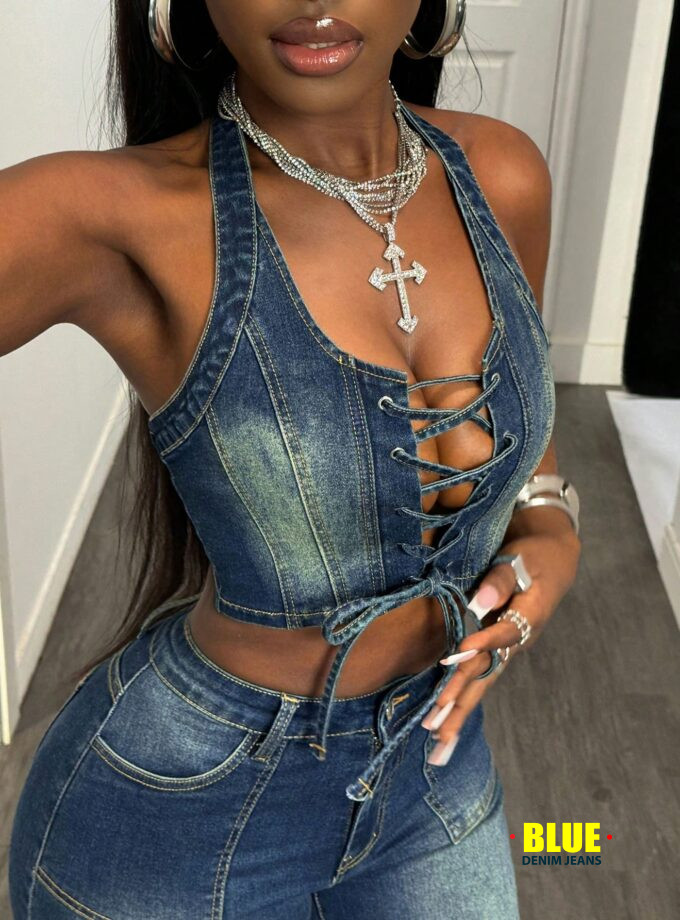 Slaydiva Women's Distressed Tie-Front Denim Blouse Summer Outfits For Women Corset Tops For Women Going Out Tops Women Going Out Tops