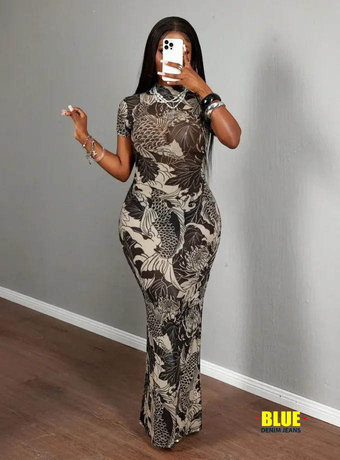 Slaydiva New Summer Casual Street Sexy Hottie Retro Style Daily Dating Party Round Neck Short Sleeve Long Dress Hip Skirt Koi Fish Full Baroque Style Gray Black Printed Mesh Women's Long Skirt - E Fish Print Dress Bodycon Maxi Dress