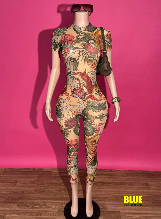Slaydiva New Spring And Summer Street Music Festival Sexy Small Stand-Up Collar Short-Sleeved Slim Trousers See-Through Full-Frame Dragon Pattern Printed Mesh Women's Tight Jumpsuit Jumpsuits For Women Printed Jumpsuits