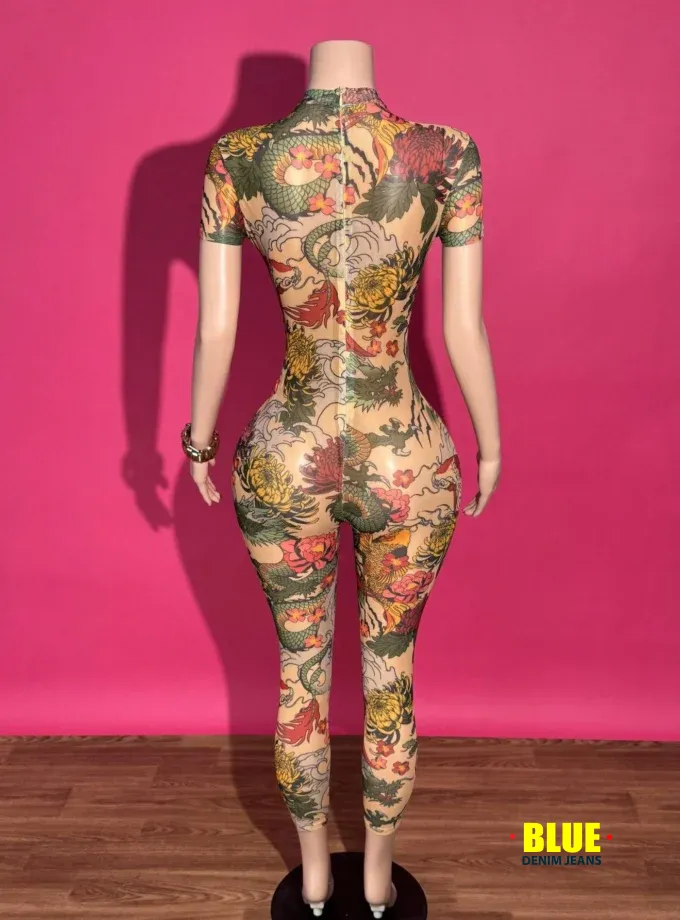 Slaydiva New Spring And Summer Street Music Festival Sexy Small Stand-Up Collar Short-Sleeved Slim Trousers See-Through Full-Frame Dragon Pattern Printed Mesh Women's Tight Jumpsuit Jumpsuits For Women Printed Jumpsuits