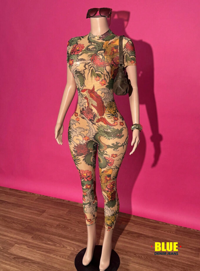 Slaydiva New Spring And Summer Street Music Festival Sexy Small Stand-Up Collar Short-Sleeved Slim Trousers See-Through Full-Frame Dragon Pattern Printed Mesh Women's Tight Jumpsuit Jumpsuits For Women Printed Jumpsuits