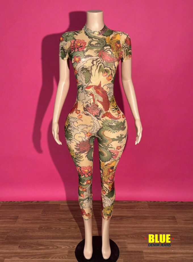 Slaydiva New Spring And Summer Street Music Festival Sexy Small Stand-Up Collar Short-Sleeved Slim Trousers See-Through Full-Frame Dragon Pattern Printed Mesh Women's Tight Jumpsuit Jumpsuits For Women Printed Jumpsuits