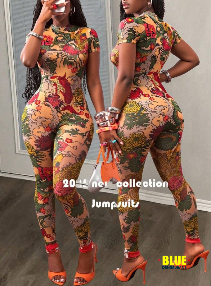 Slaydiva New Spring And Summer Street Music Festival Sexy Small Stand-Up Collar Short-Sleeved Slim Trousers See-Through Full-Frame Dragon Pattern Printed Mesh Women's Tight Jumpsuit Jumpsuits For Women Printed Jumpsuits