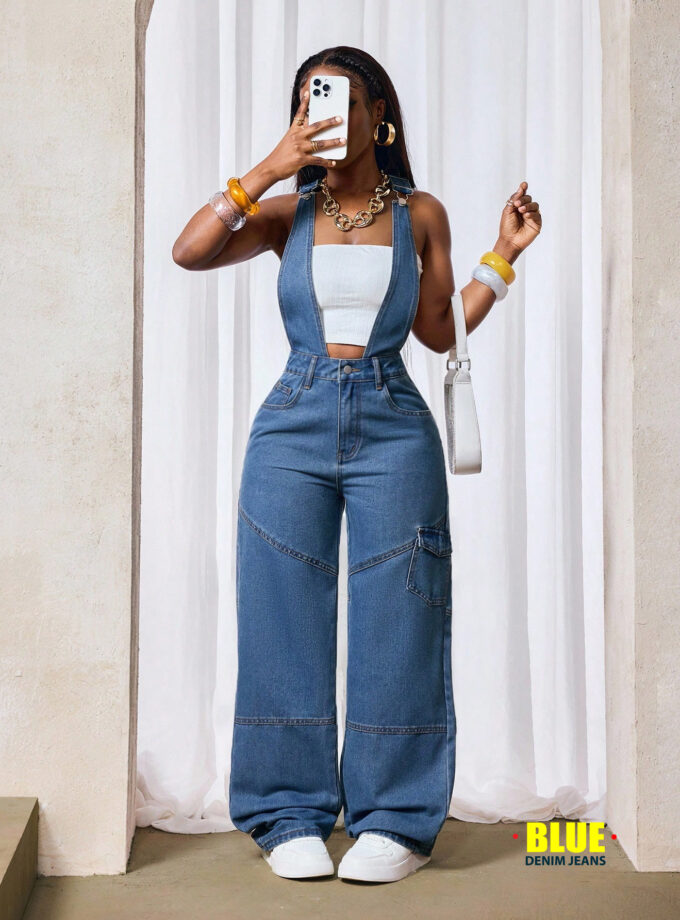 Slaydiva Women's Cargo Pocket Wide Leg Casual Overalls Jeans Autumn Fall Women Clothes Homecoming