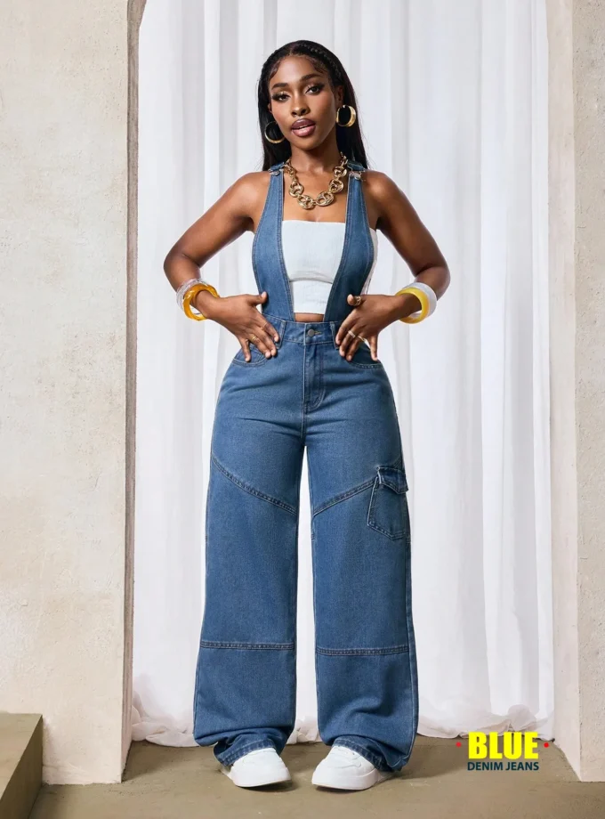 Slaydiva Women's Cargo Pocket Wide Leg Casual Overalls Jeans Autumn Fall Women Clothes Homecoming