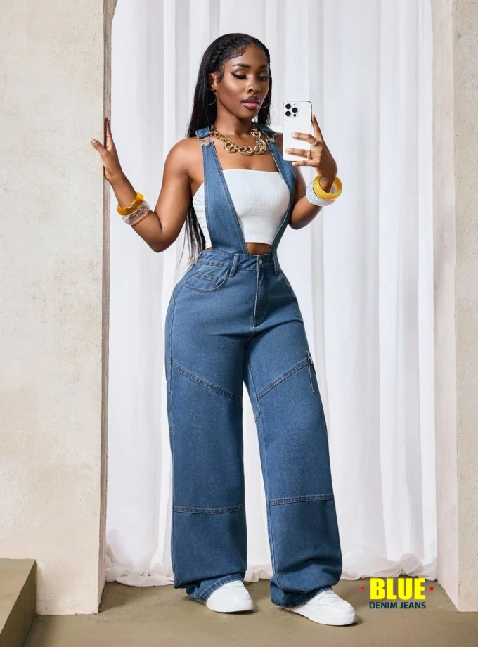 Slaydiva Women's Cargo Pocket Wide Leg Casual Overalls Jeans Autumn Fall Women Clothes Homecoming