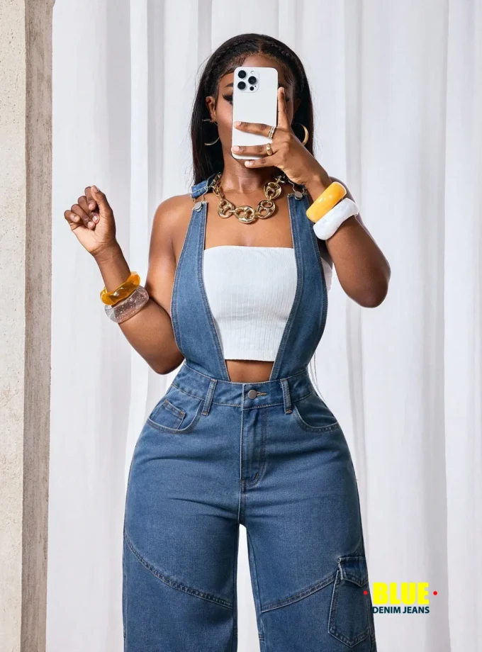 Slaydiva Women's Cargo Pocket Wide Leg Casual Overalls Jeans Autumn Fall Women Clothes Homecoming