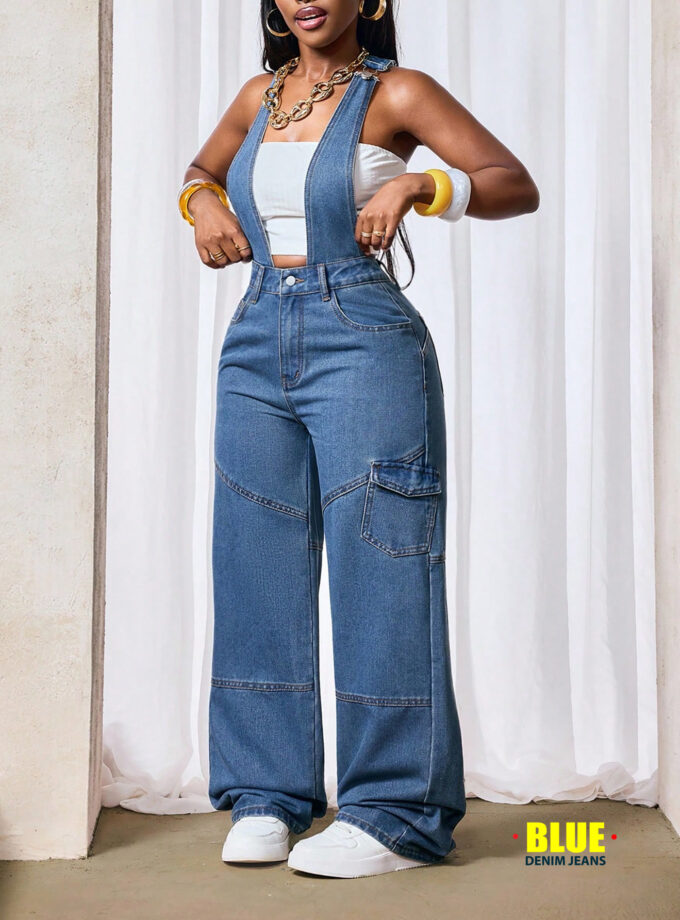 Slaydiva Women's Cargo Pocket Wide Leg Casual Overalls Jeans Autumn Fall Women Clothes Homecoming