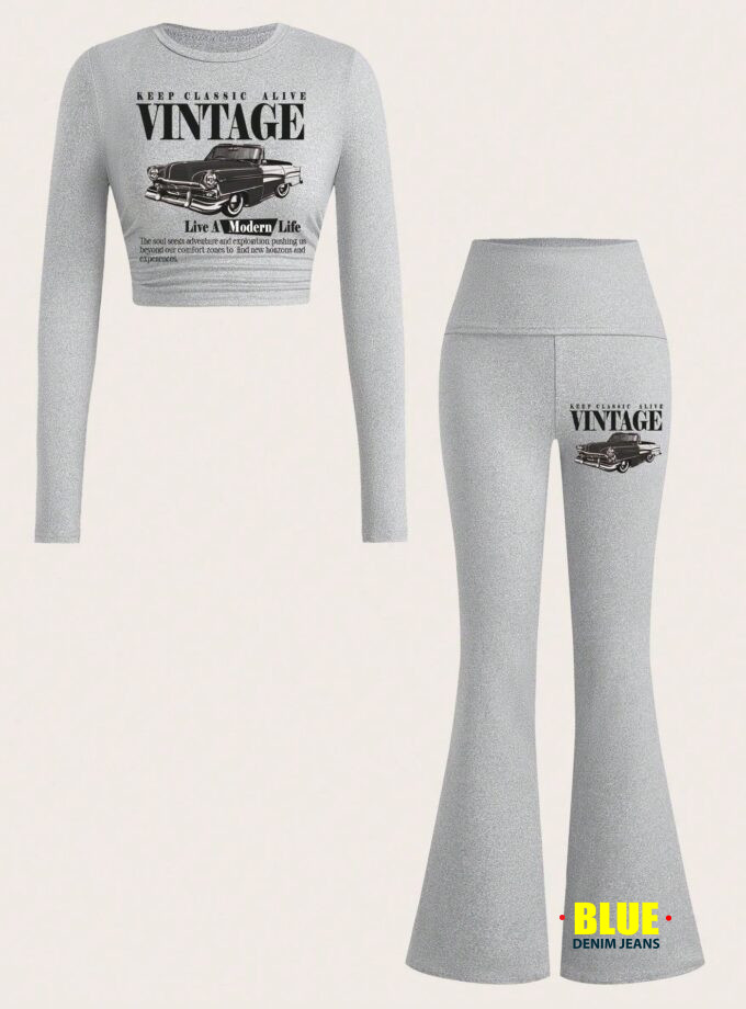 Slaydiva 2025fall Clothes For Women/Winter Clothes For Women/Sets 2 Pieces Women/Flare Jeans/Long Sleeve Tops/Casual Round Simple Collar Long Sleeve Yoga Pants Short Pleated Top Yoga Wide Leg Pants Flared Pants Trousers Women's Two Pieces Suit/Y2k Clothes