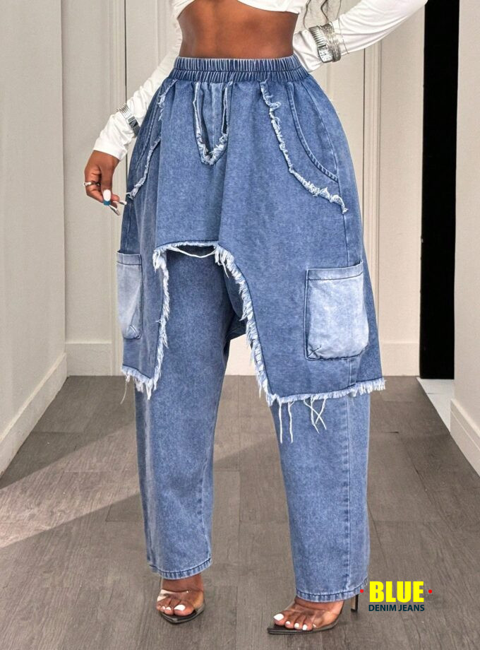 LocalSlaydiva Women's Elastic Waist Frayed Hem Loose Harem Casual Jeans Baggy Jeans Y2k Oversized Jeans Frayed Jeans Patchwork Jeans Loose Jeans Distressed Jeans Ripped Jeans Denim Pants