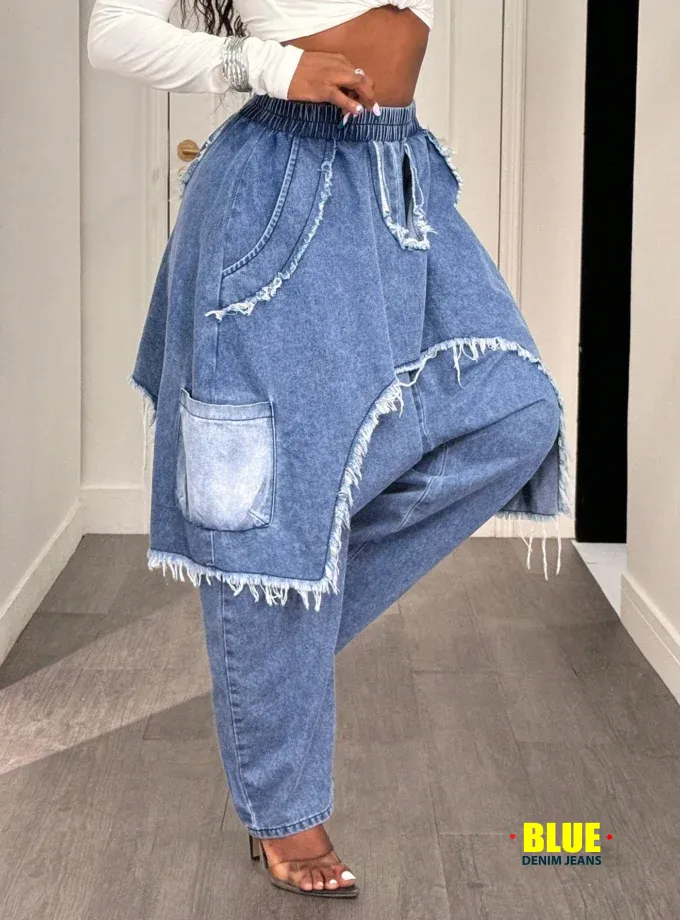 LocalSlaydiva Women's Elastic Waist Frayed Hem Loose Harem Casual Jeans Baggy Jeans Y2k Oversized Jeans Frayed Jeans Patchwork Jeans Loose Jeans Distressed Jeans Ripped Jeans Denim Pants