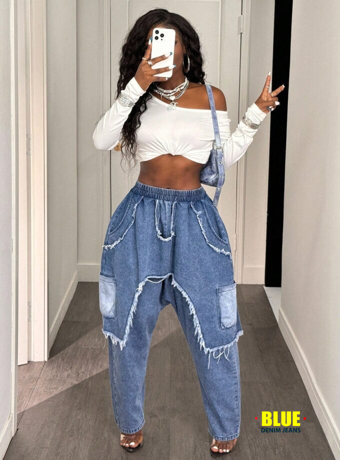 LocalSlaydiva Women's Elastic Waist Frayed Hem Loose Harem Casual Jeans Baggy Jeans Y2k Oversized Jeans Frayed Jeans Patchwork Jeans Loose Jeans Distressed Jeans Ripped Jeans Denim Pants