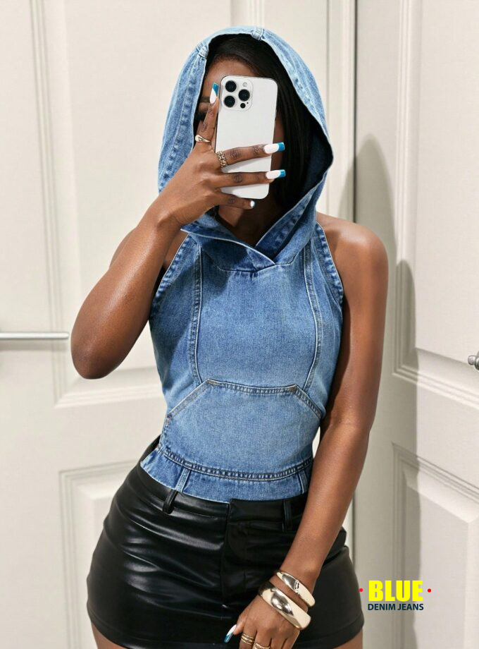 Slaydiva Women's Sexy Backless Tie-Up Design Hooded Sleeveless Denim Top