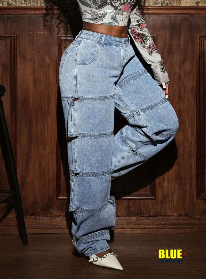 Slaydiva Women's Pocketed Cutout Wide Leg Loose Fit Jeans