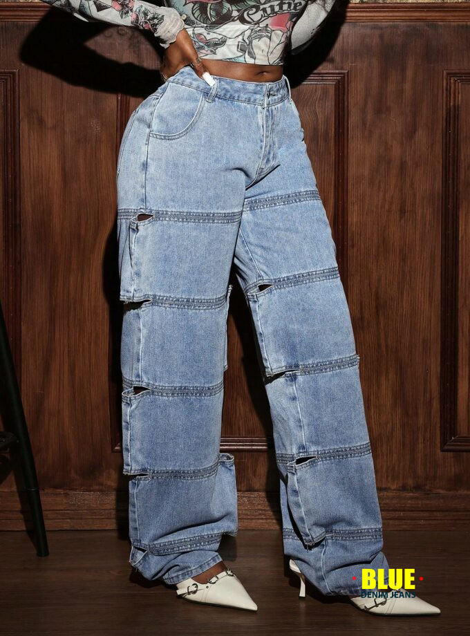 Slaydiva Women's Pocketed Cutout Wide Leg Loose Fit Jeans