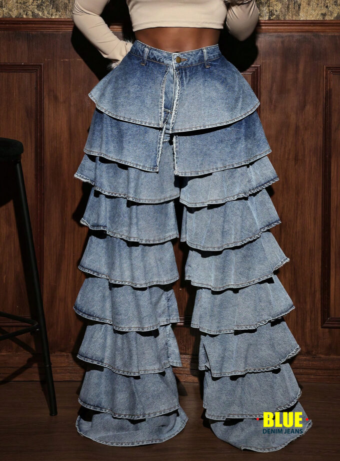 Slaydiva Women's High Waist Ruffled Wide Leg Loose Casual Jeans