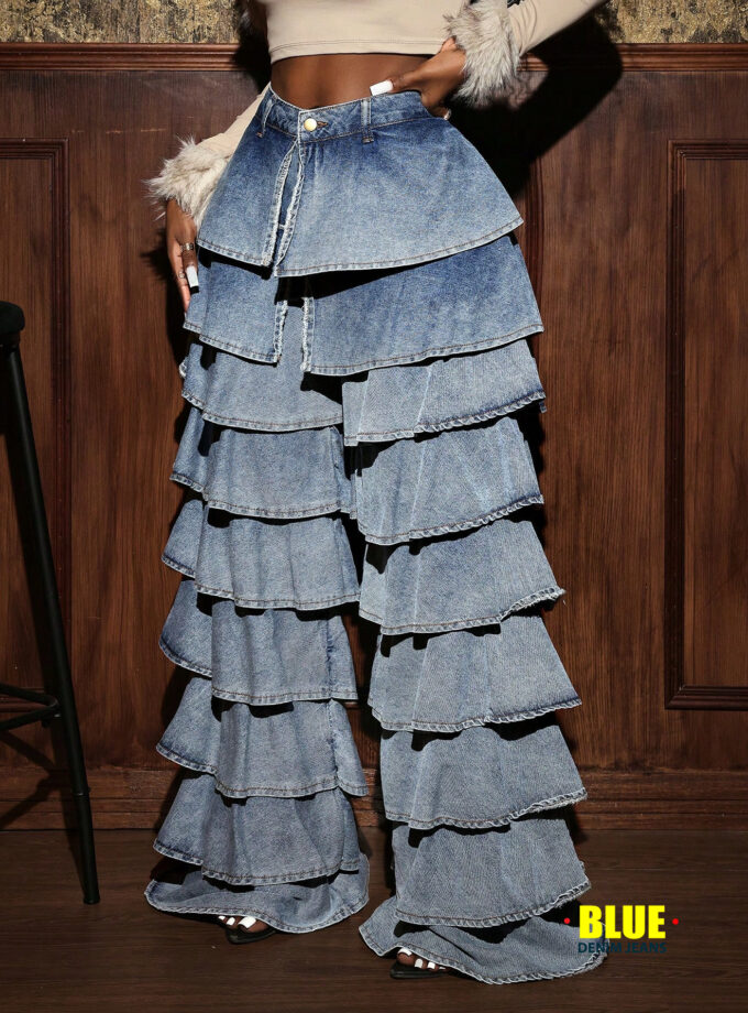 Slaydiva Women's High Waist Ruffled Wide Leg Loose Casual Jeans