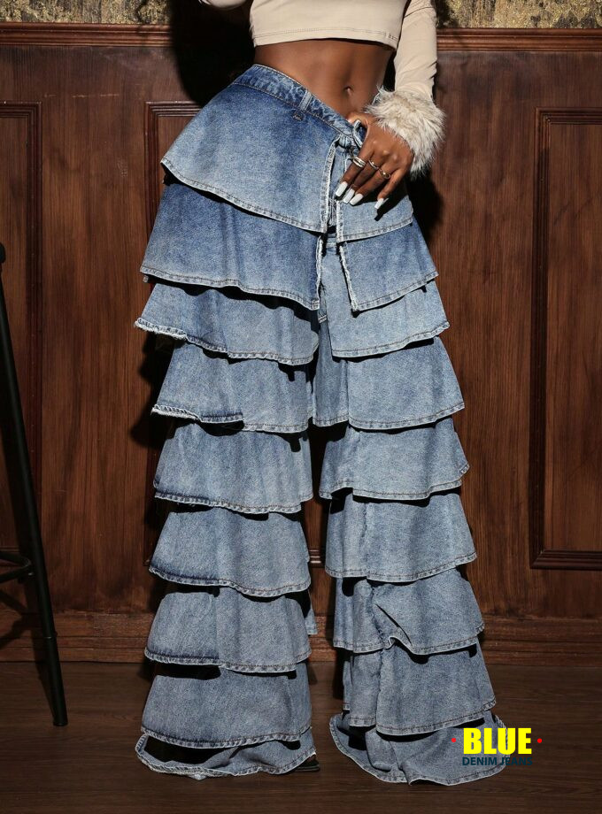 Slaydiva Women's High Waist Ruffled Wide Leg Loose Casual Jeans