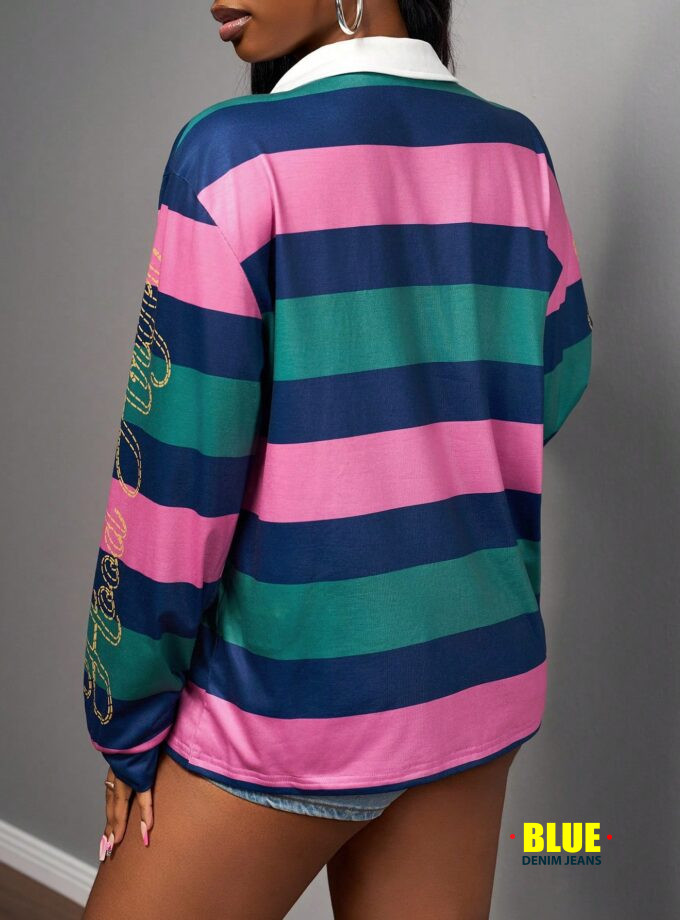 Slaydiva 2025 Autumn And Winter New Street Casual Loose Color Striped Pattern Splicing POLO Collar Long-Sleeved Women T-Shirt, Suitable For Party, Rave Outfits, Halloween Clothes, Night Out, Club Outfits Women Sexy, Brunch Outfits For Women, Street Fashio