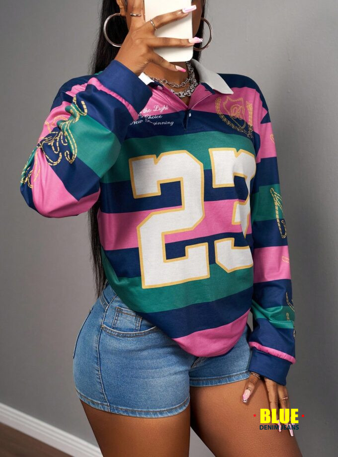 Slaydiva 2025 Autumn And Winter New Street Casual Loose Color Striped Pattern Splicing POLO Collar Long-Sleeved Women T-Shirt, Suitable For Party, Rave Outfits, Halloween Clothes, Night Out, Club Outfits Women Sexy, Brunch Outfits For Women, Street Fashio