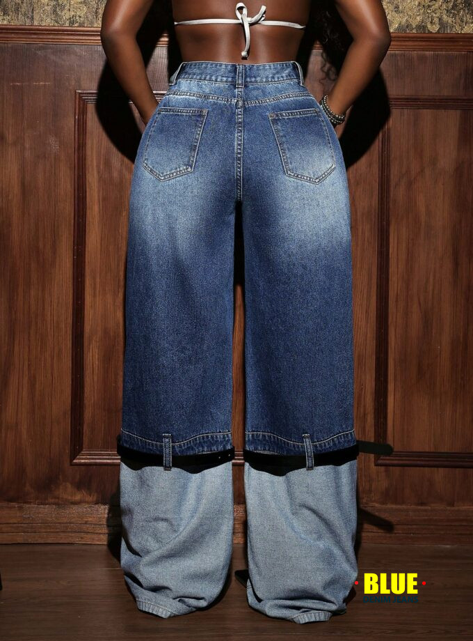 Slaydiva Women's Casual Fashion Street Chic High Waist Buckle Belted Detail Patchwork Loose Wide Leg Jeans