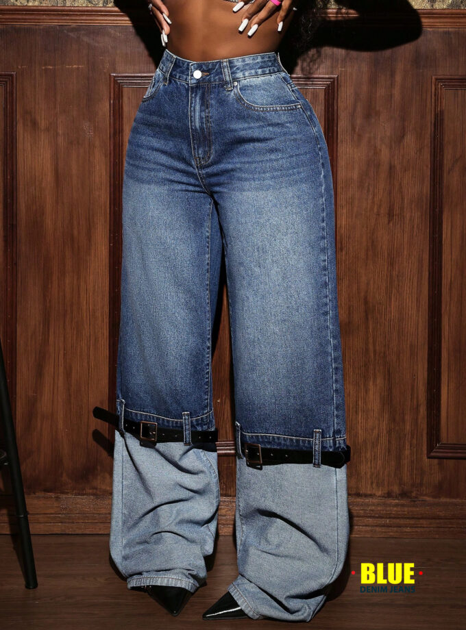Slaydiva Women's Casual Fashion Street Chic High Waist Buckle Belted Detail Patchwork Loose Wide Leg Jeans