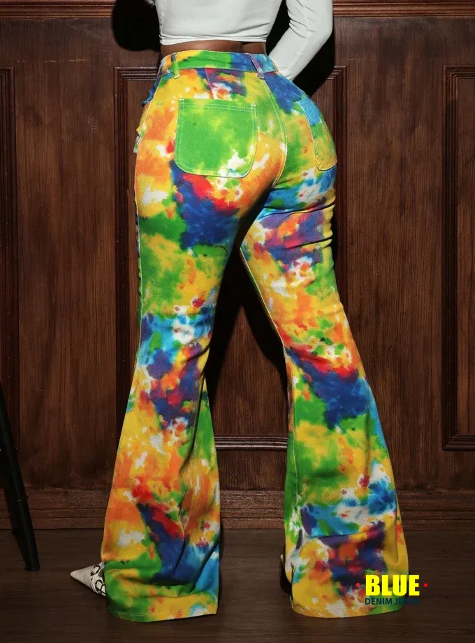 Slaydiva Women's Tie-Dye Print Pleated Pocket Flare Leg Casual Jeans