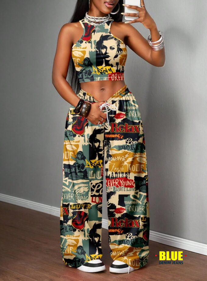 Slaydiva Women's Autumn Clothes/Women's Winter Clothes/Women's Going Out Tops/Y2k Clothing/Streetwear/Graffiti Print/2 Pieces Women's Casual Streetwear Tight Camisole And Loose Pants Set/Suitable For S