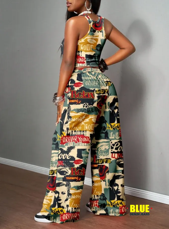 Slaydiva Women's Autumn Clothes/Women's Winter Clothes/Women's Going Out Tops/Y2k Clothing/Streetwear/Graffiti Print/2 Pieces Women's Casual Streetwear Tight Camisole And Loose Pants Set/Suitable For S