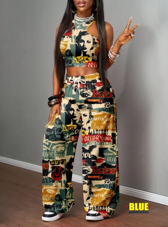 Slaydiva Women's Autumn Clothes/Women's Winter Clothes/Women's Going Out Tops/Y2k Clothing/Streetwear/Graffiti Print/2 Pieces Women's Casual Streetwear Tight Camisole And Loose Pants Set/Suitable For S