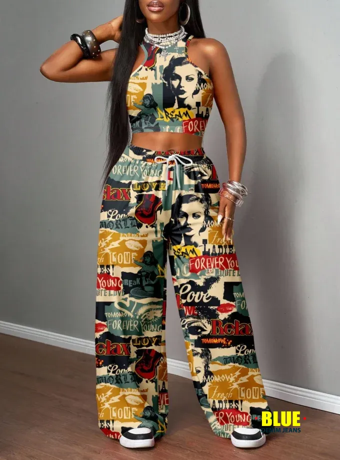 Slaydiva Women's Autumn Clothes/Women's Winter Clothes/Women's Going Out Tops/Y2k Clothing/Streetwear/Graffiti Print/2 Pieces Women's Casual Streetwear Tight Camisole And Loose Pants Set/Suitable For S
