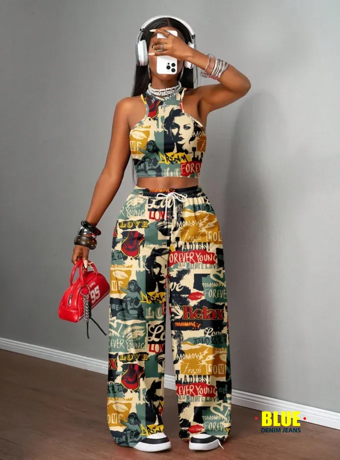 Slaydiva Women's Autumn Clothes/Women's Winter Clothes/Women's Going Out Tops/Y2k Clothing/Streetwear/Graffiti Print/2 Pieces Women's Casual Streetwear Tight Camisole And Loose Pants Set/Suitable For S