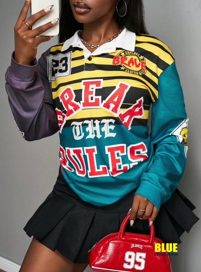 Slaydiva 2025 Autumn And Winter New Street Casual Loose Color Striped Pattern Splicing POLO Collar Long-Sleeved Women T-Shirt, Suitable For Party, Rave Outfits, Halloween Clothes, Night Out, Club Outfits Women Sexy, Brunch Outfits For Women, Street Fashio