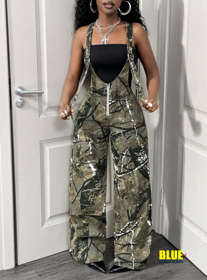 Slaydiva Women's Denim Jumpsuit, Camouflage Straight Leg Denim Jumpsuit, Camouflage Jungle Theme Clothing, Y2K Fashion, Suitable For Outdoor, Street, Everyday, Christmas, Valentine's Day, And New Year.