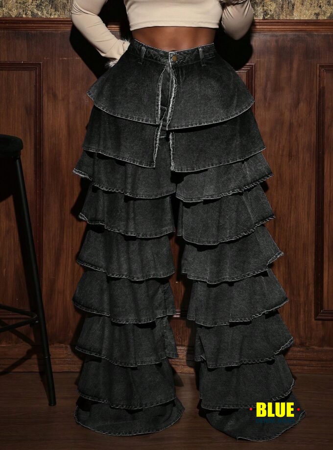 Slaydiva Women's High Waist Ruffled Wide Leg Loose Casual Jeans