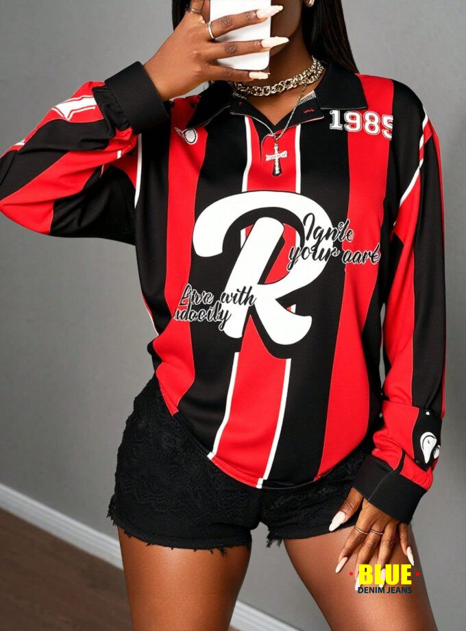 Slaydiva 2025 Autumn And Winter New Street Casual Loose Color Striped Pattern Splicing POLO Collar Long-Sleeved Women T-Shirt, Suitable For Party, Rave Outfits, Halloween Clothes, Night Out, Club Outfits Women Sexy, Brunch Outfits For Women, Street Fashio