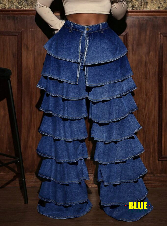 Slaydiva Women's High Waist Ruffled Wide Leg Loose Casual Jeans