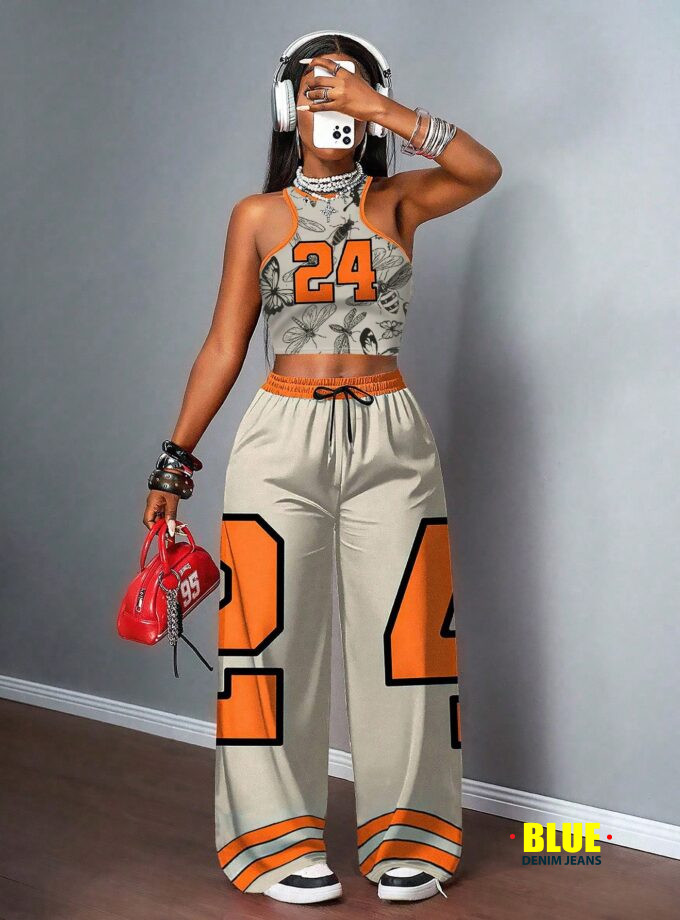 Slaydiva Beige Set/Going Out Set For Women/Women's Casual Streetwear Camisole And Loose-Fitting Pants Two Pieces Suit / Y2k Clothing / Streetwear / Women's Two Pieces Suits / Back To School / Casual Streetwear / Hip-Hop Suits / Butterfly Number