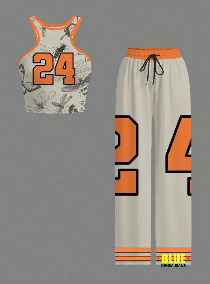 Slaydiva Beige Set/Going Out Set For Women/Women's Casual Streetwear Camisole And Loose-Fitting Pants Two Pieces Suit / Y2k Clothing / Streetwear / Women's Two Pieces Suits / Back To School / Casual Streetwear / Hip-Hop Suits / Butterfly Number