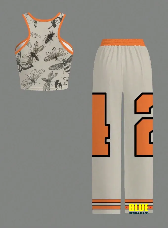 Slaydiva Beige Set/Going Out Set For Women/Women's Casual Streetwear Camisole And Loose-Fitting Pants Two Pieces Suit / Y2k Clothing / Streetwear / Women's Two Pieces Suits / Back To School / Casual Streetwear / Hip-Hop Suits / Butterfly Number