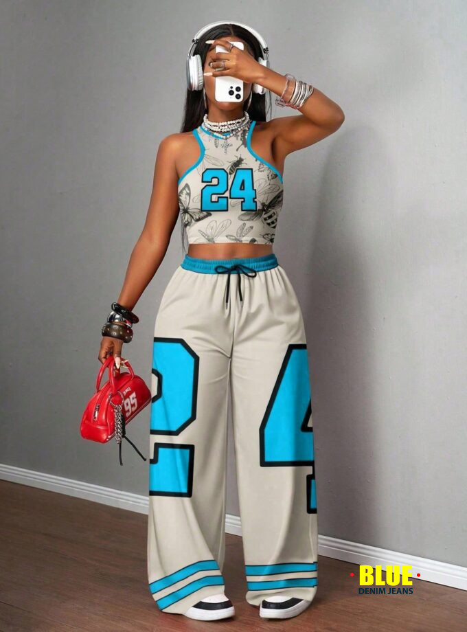 Slaydiva Beige Set/Going Out Set For Women/Women's Casual Streetwear Camisole And Loose-Fitting Pants Two Pieces Suit / Y2k Clothing / Streetwear / Women's Two Pieces Suits / Back To School / Casual Streetwear / Hip-Hop Suits / Butterfly Number